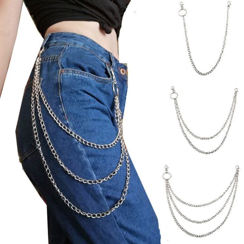 1/2/3 Laag Lange Metalen Riem Ketting Rock Punk Haak Broek Broek Taille Link Metalen Portemonnee Keten sleutelhanger Ring Clip Sleutelhanger HipHop