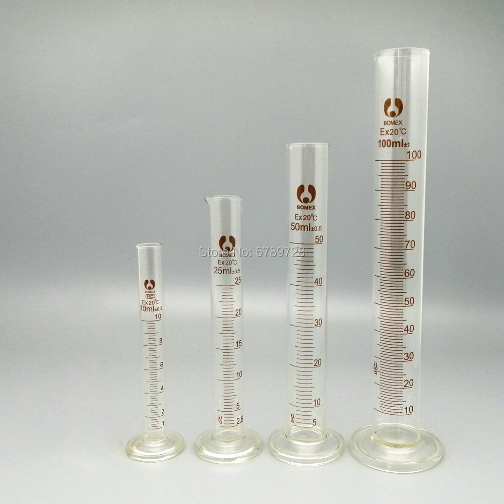 1Set (10Ml, 25Ml, 50Ml, 100Ml) glas Afgestudeerd Maatcilinder Chemie Laboratorium Benodigdheden