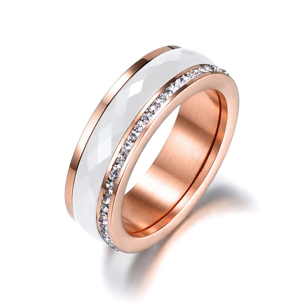 AENINE Classic Titanium Steel White Ceramics Rings Jewelry Gold Color Cubic Zirconia Wedding Engagement Rings For Women AR18056: 7 / Rose Gold Color