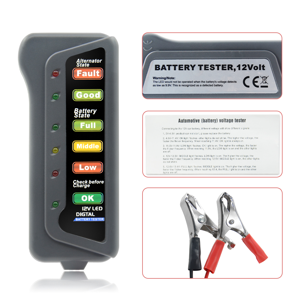 12v digitale accutesters met 6 led-displaylampjes, accutesters met remvloeistofmeter voor auto's en motoren.
