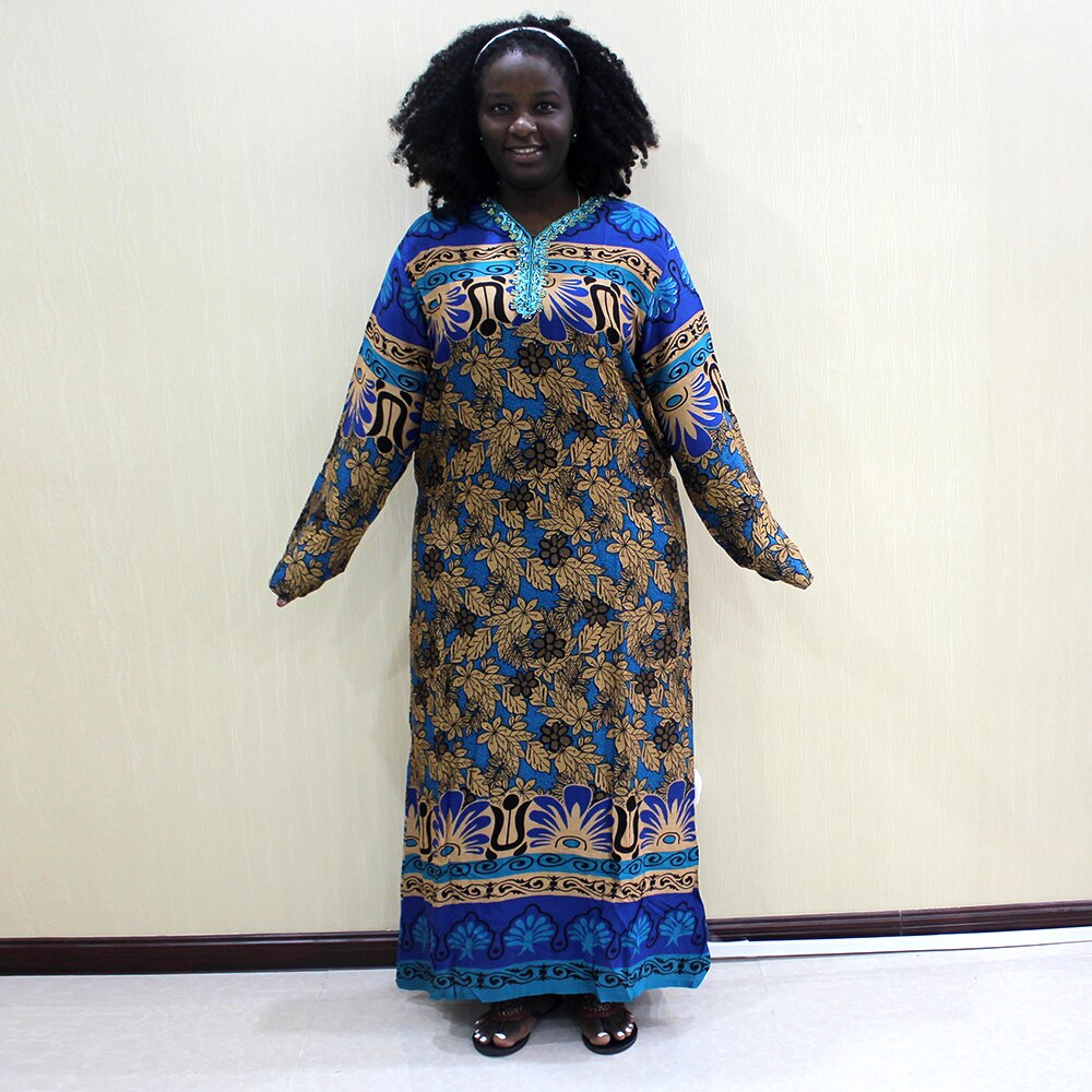 Dashikiage-vestido bohemio con lentejuelas y cuello de pico para mujer, vestido con estampado Tribal de otoño, con detalle de camisa: Azul / M