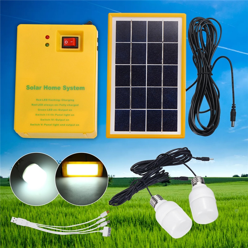 Portable Solar Panel Power Generator LED Solar Light with 2Bulbs 3 gear dimming USB Charge Emergency System Kit for Home Outdoor