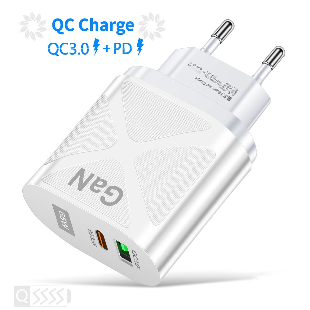 65W USB GaN Charger Type C PD Fast Charging for iPhone 13 12 Pro iPad Mobile Phone Quick Charger QC 3.0 4.0 Wall Adapter Plug: White EU