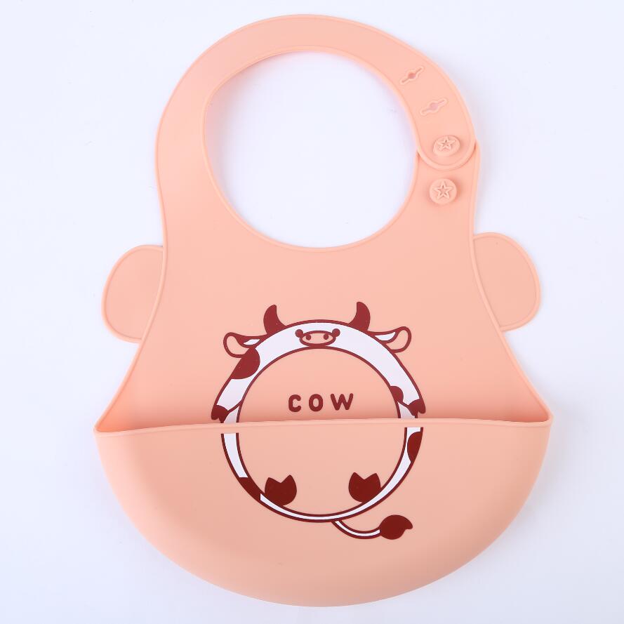 Cartoon Baby Silicone Bibs Waterproof Toddler Kids Adjustable Food Bib Baby Feeding Stuff Burp Cloth Boy Girl Bibs Apron Baberos: Pink Cow