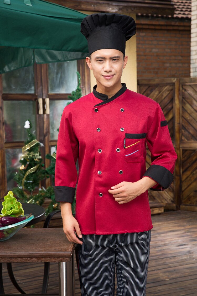 3 kleur Mannen Chef Kleding Hotel Restaurant Pastry Chef Kleding Lange Mouw Vrouwen Chef Uniformen Kleding: red / L