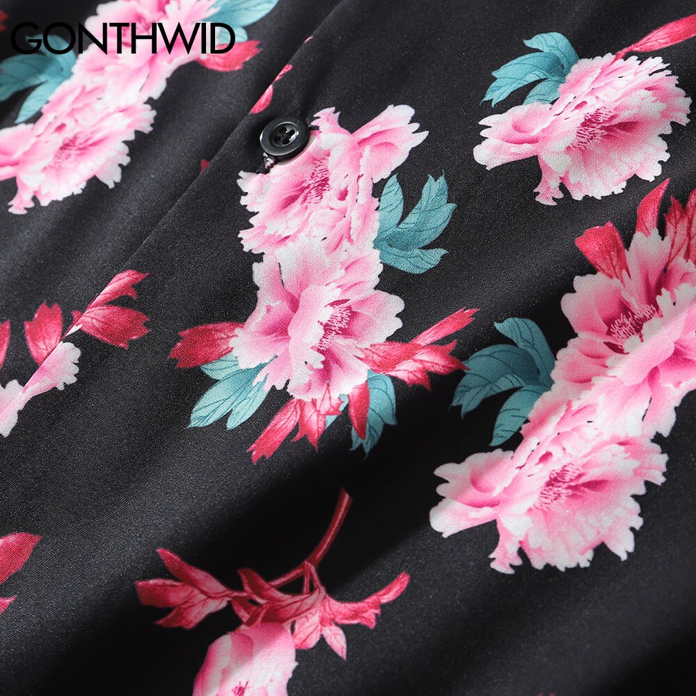 Gonthwid Pioen Bloemen Bloemenprint Lange Mouwen Hawaiiaanse Strand Shirts Heren Zomer Casual Button Down Strand Blouse Tops