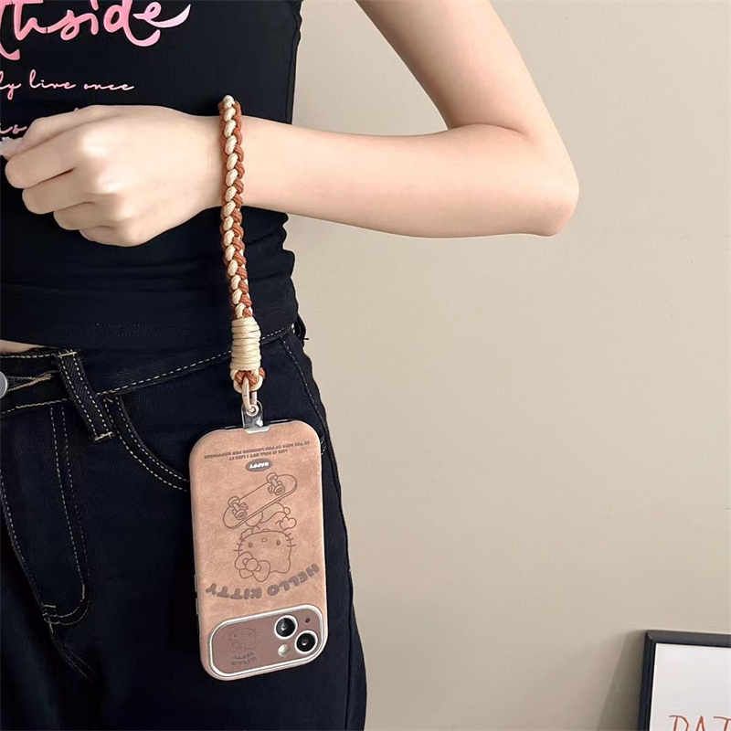 Coque de téléphone en daim avec poignet, coque de dessin animé mignon, coque marron, Hello Kitty, Jokawaii, iPhone 15, 14 Plus, 13, 12, 11 Pro Max, luxe