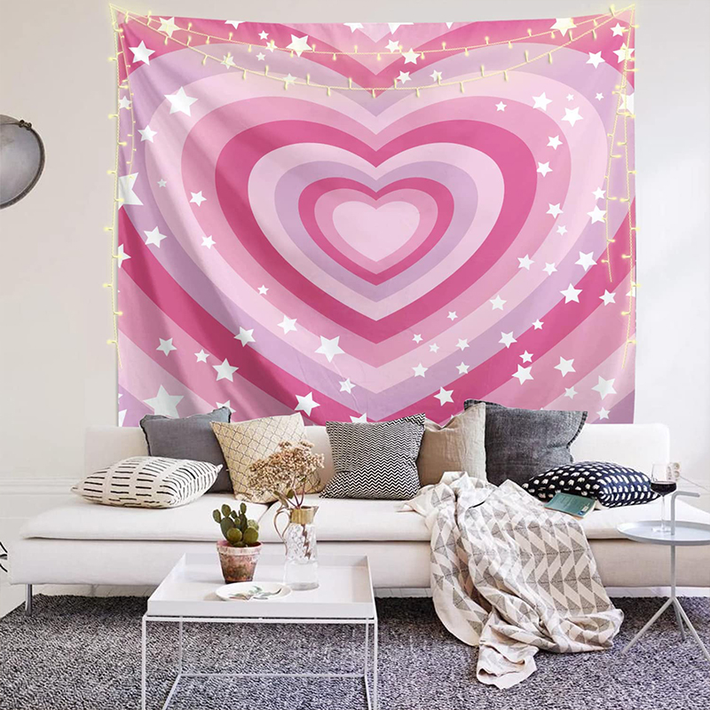 Hearts Pink Aesthetic Tapestry Wall Hanging Retro Girl Star Hippie Indie Bedroom Living Room Dorm Polyester Fabric Home Decor: 150X100cm