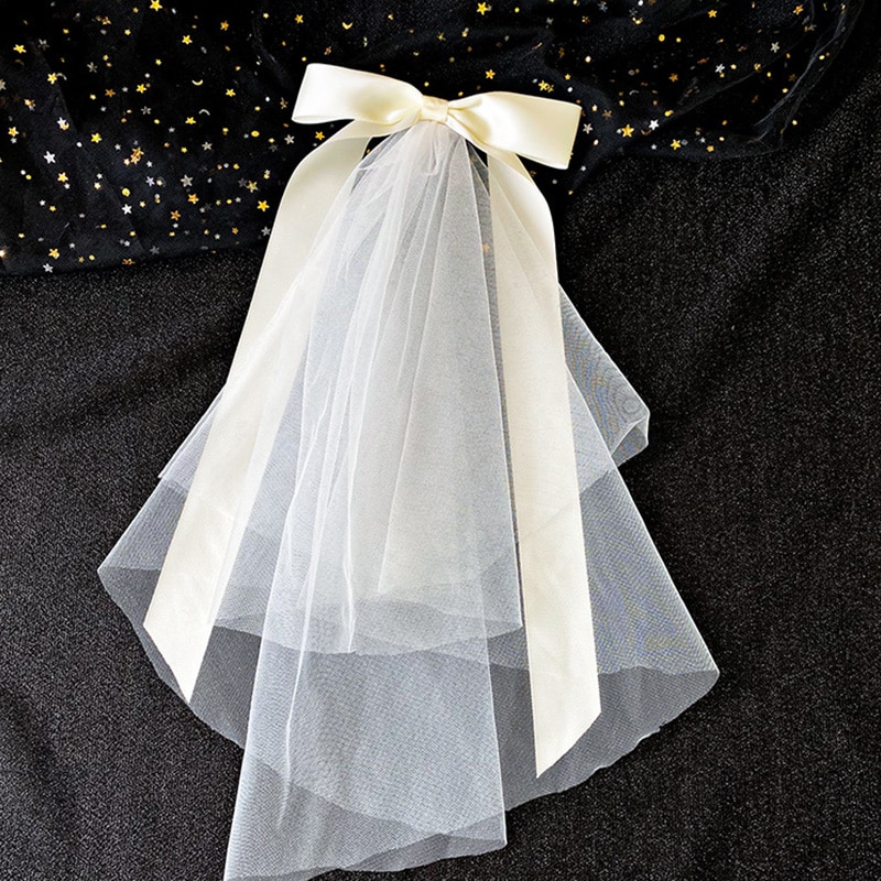 Vrouwen Korte Tule Bruidssluier Bruiloft Sluier Met Clip Boog-knoop Lint Rand Voor Bruid Bloem Meisje Wedding Party fotografie (Wit)