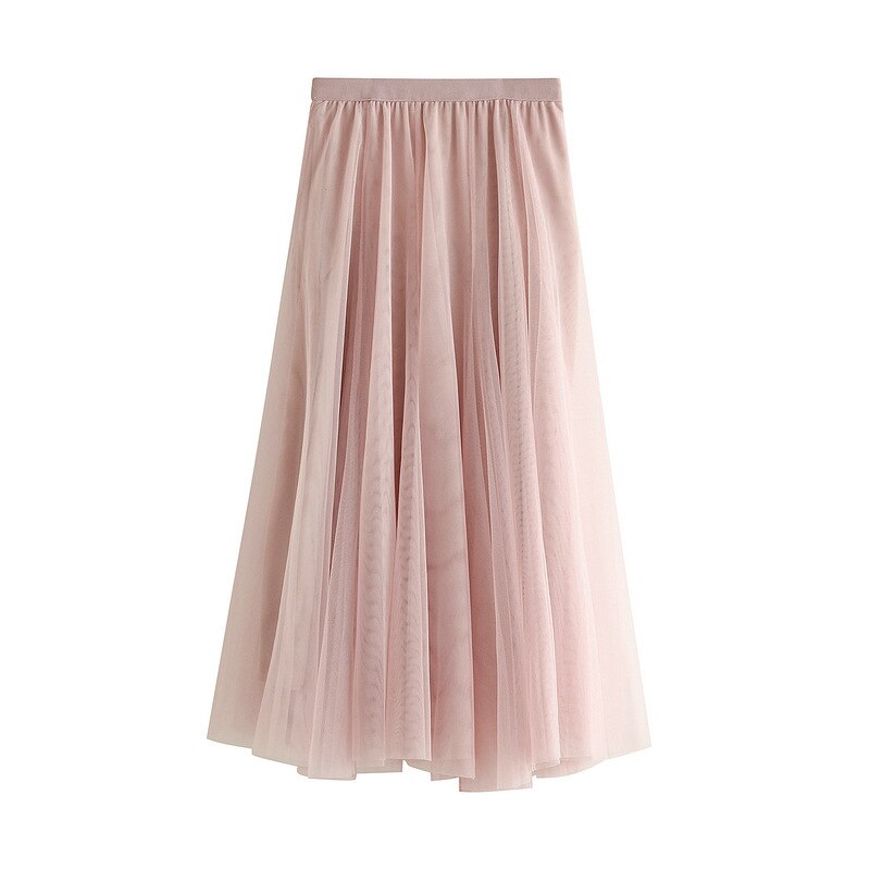 Falda larga de tul de 3 capas para otoño e invierno, falda Swing de estilo coreano para mujer, color rosa, verde, gris, azul, marrón, negro: Rosa