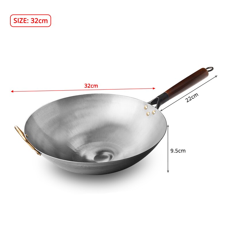 Gietijzeren Wok Pan,Non-stick Wok Met Hittebestendige Houten Handgrepen, chinese Traditionele Wok Gas Wok Fornuis Pan Koken: 32 cm