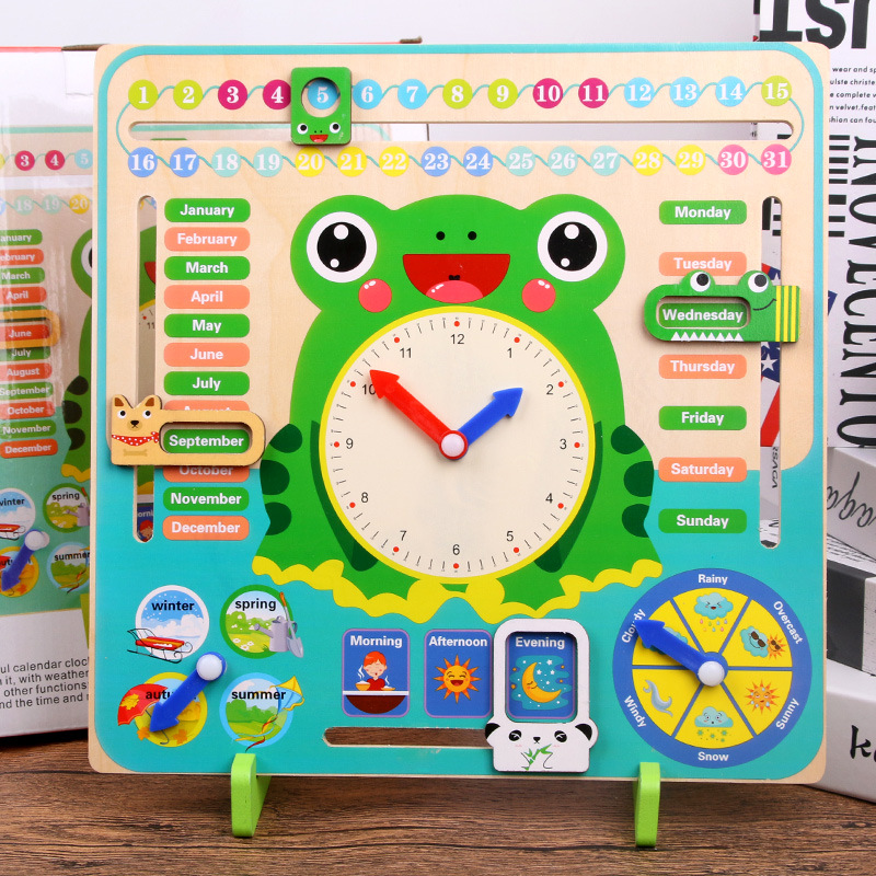 Barn tidigt lärande utbildning leksaker trä tecknad groda kalender klocka set barn trä kalender tid kognitiv matchande leksaker