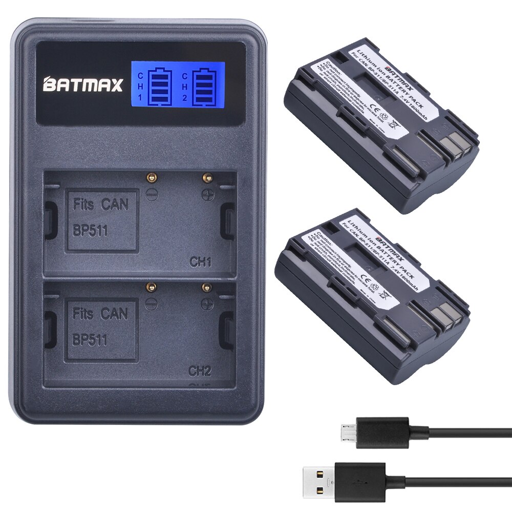Batmax-Batería de repuesto para cámara de BP-511, cargador Dual LCD USB para Canon G6 G5 G3 G2 G1 EOS 300D 50D 40D 30D 20D 5D: 2B with charger