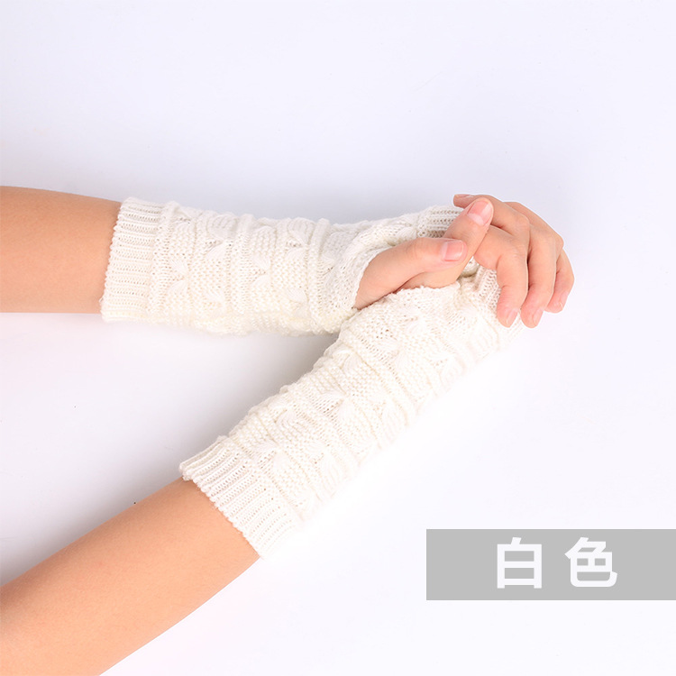 Women Thickened Gloves Knitted Woolen Arm Warm Autumn Winter Half Finger Sleeves Arms Hand Cover Solid Color: white