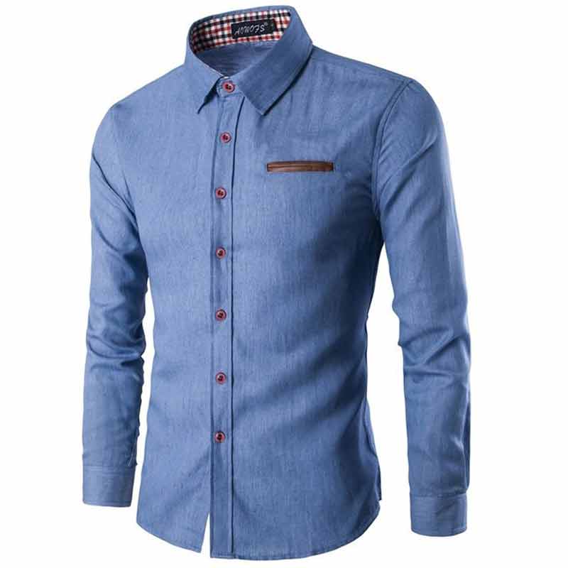 Läder långärmad jeansskjorta män långärmad skjorta fritidsskjortor män button up skjorta män klänning herrskjortor höst: Ljusblå / M