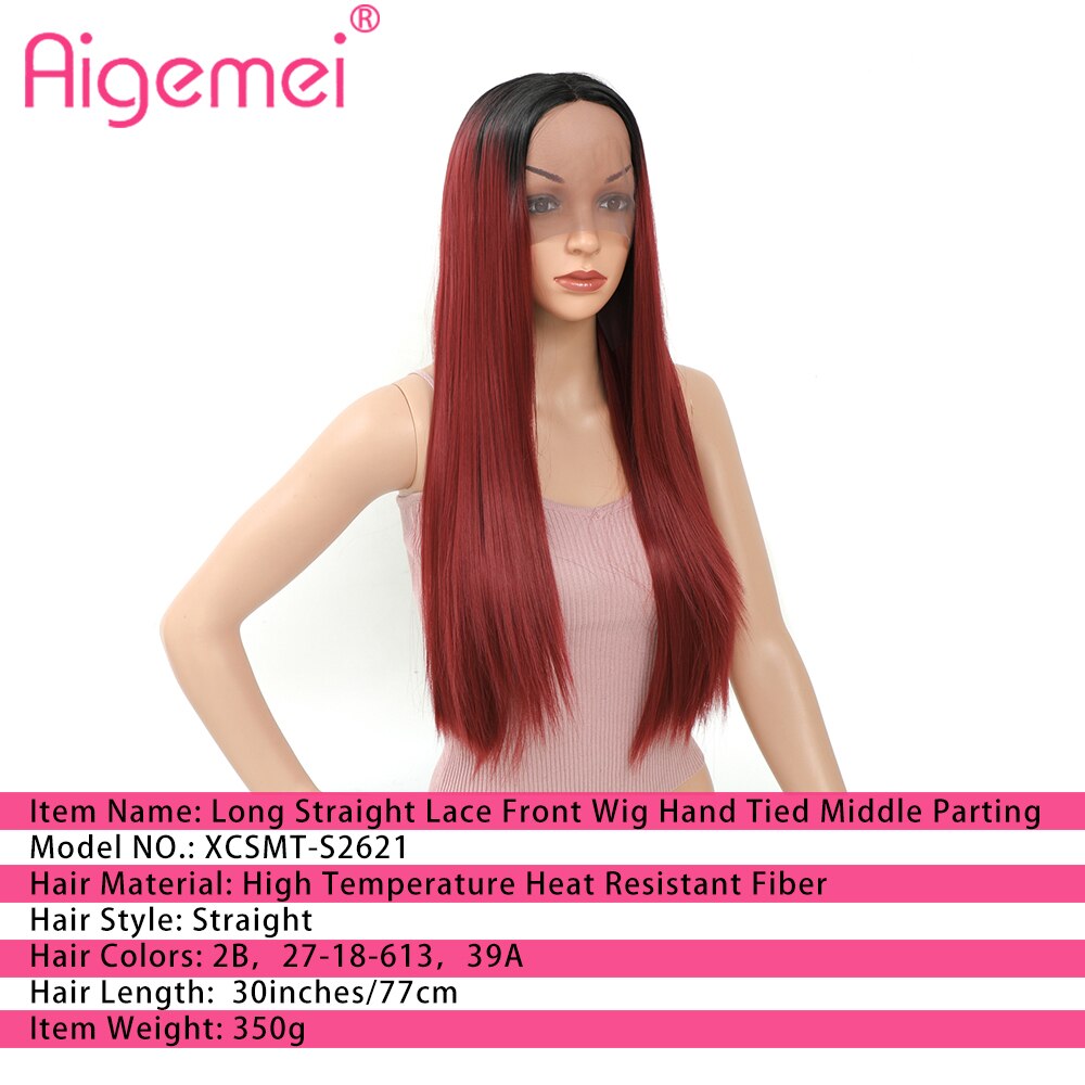 Aimemei-peluca con malla frontal sintética para mujer, pelo largo y liso de fibra de alta temperatura, color negro