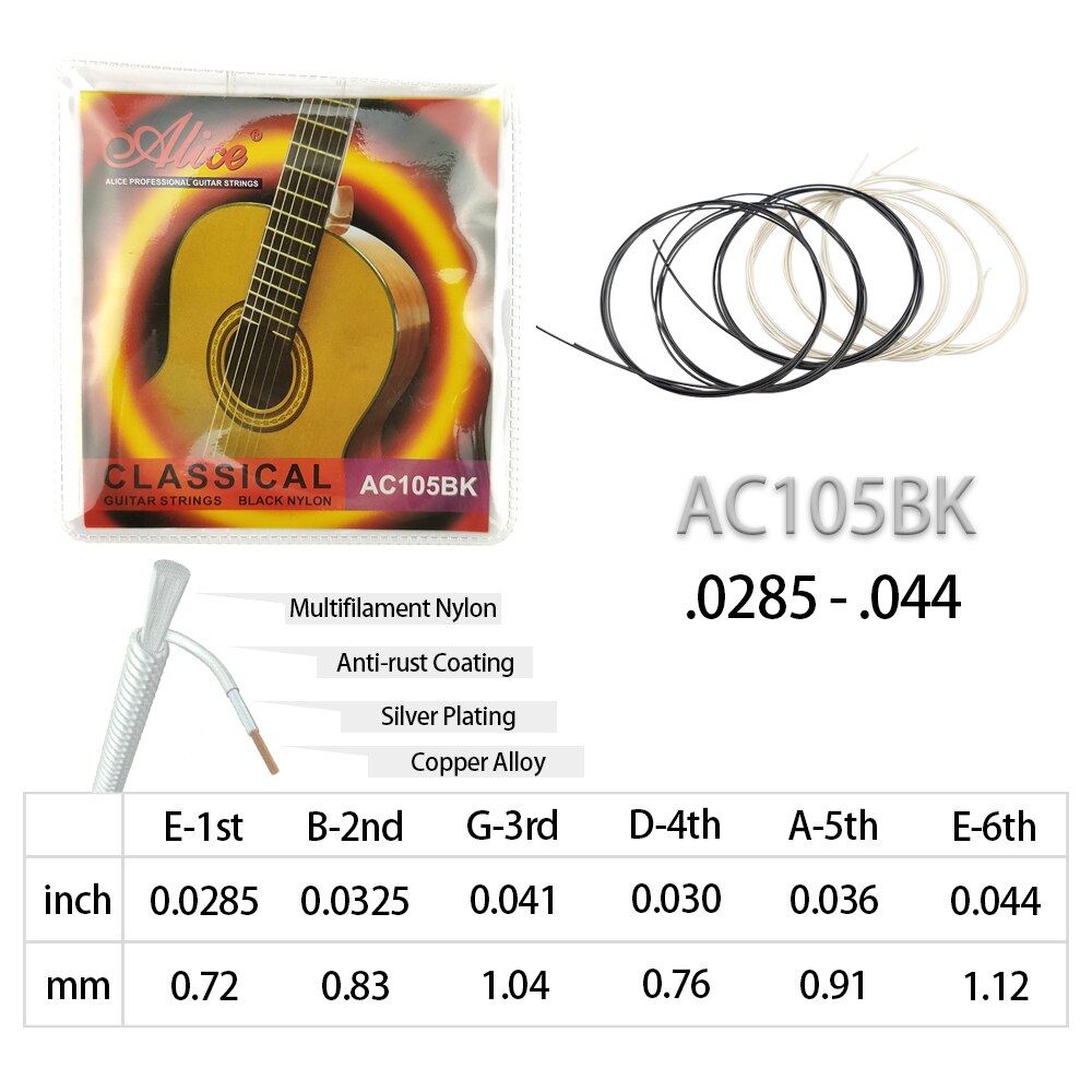 Alice Corde Della Chitarra Classica Principianti Chiaro/Nero nylon Parti di Chitarra e Accessori AC107 AC105BK AC107BK: AC105BK(nero Nylon)