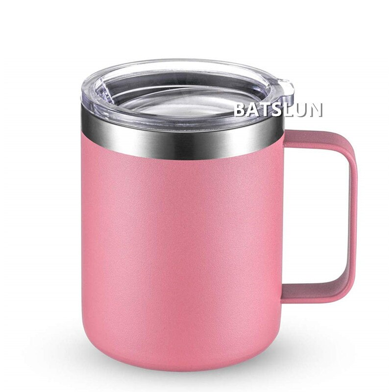12oz muggar tumbler rostfritt stål kaffemugg mugg med handtag dubbelvägg vakuumisolerad tumbler med lock resekoppar: Rosa