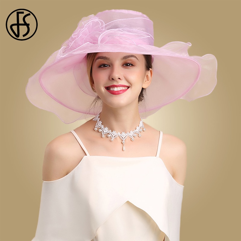 Sombreros para Misa de verano, sombrero Fedora rosa de ala ancha para mujer, sombreros plegables elegantes con flores grandes Vintage