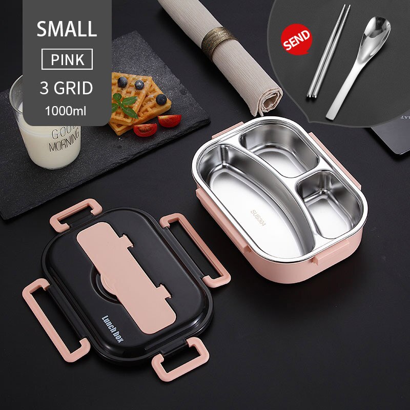 304 Roestvrij Staal Lunchbox Japanse Bento Doos Met Compartimenten Voor Kinderen Magnetron Voedsel Container Met Servies Set: 1000ml 3 Grid Pink