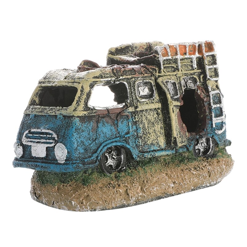 Fish Tank Decoration Aquarium Hideaway Broken Vehicle House with Cave Resin Wreck Car Ornament Landscaping Accessories: Old RV