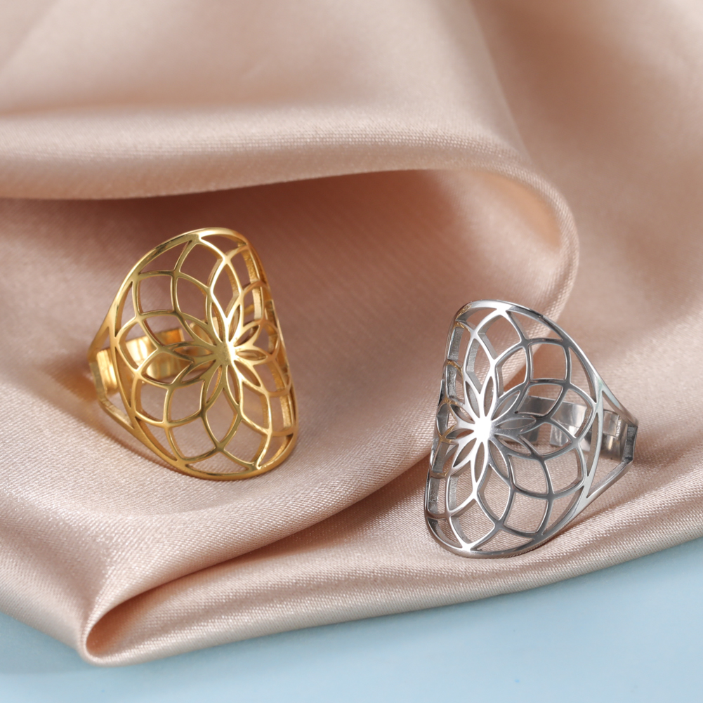 LIKGREAT Anelli regolabili con fiore della vita Vintage per le donne nuovo anello in acciaio inossidabile vichingo regalo di gioielli con amuleto con geometria sacra
