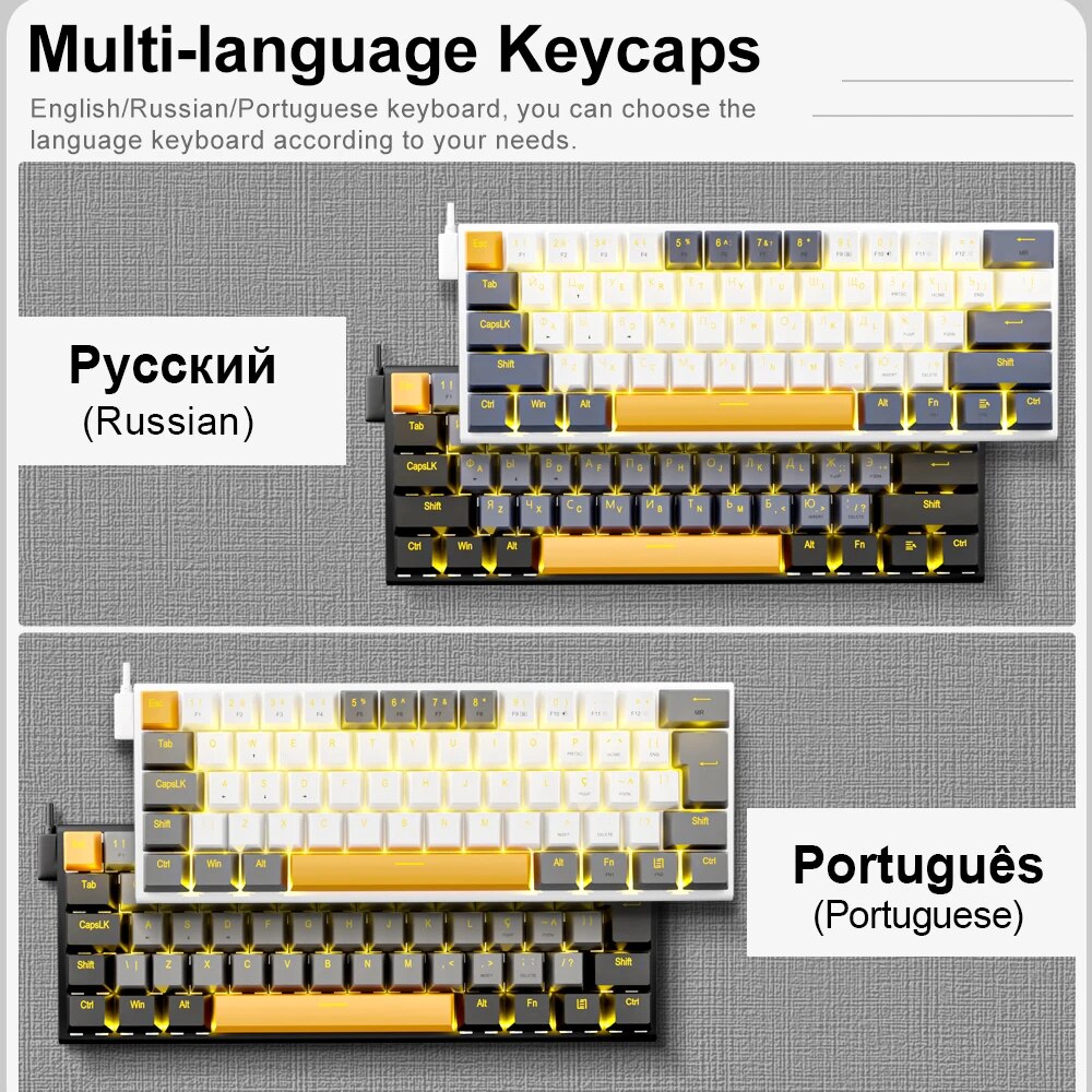 E-YOOO-Z11 Teclado mecânico com fio USB, interruptor vermelho, 61 teclas gamer, russo, brasileiro, português, computador, PC, laptop