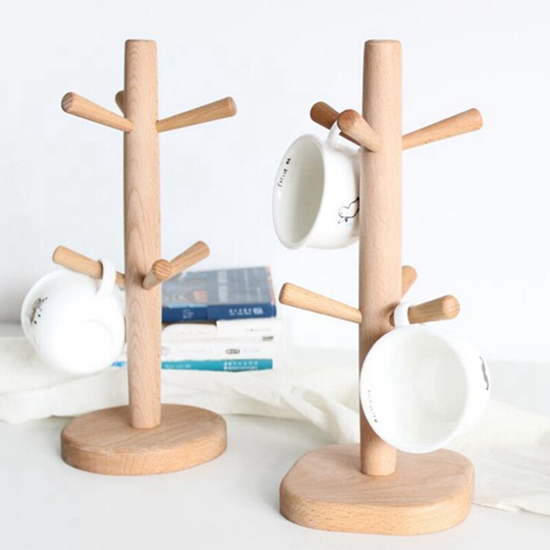 Soporte de madera para taza de café, estante de soporte de tronco de árbol de haya, 6 soporte para tazas y copas, soportes de despensa para encimera, colgador de estantes para tazas, exhibición de cocina