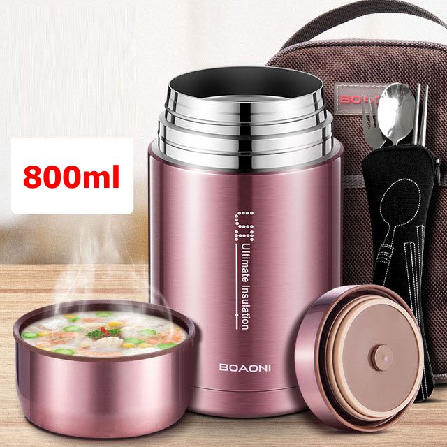 BOAONI 800ml/1000ml Food Thermal Jar Vacuum Insulated Soup Thermos Containers 316 Stainless Steel Lunch Box with Folding Spoon: rose gold 800ml