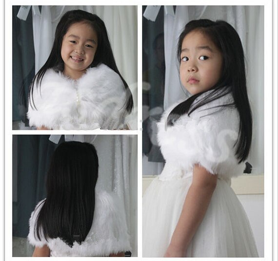 Child faux fur wrap Pearl shrug White Flower girl Shawl 6 years old Wraps Winter wedding shrugs Bolero Coat faux fur cover up
