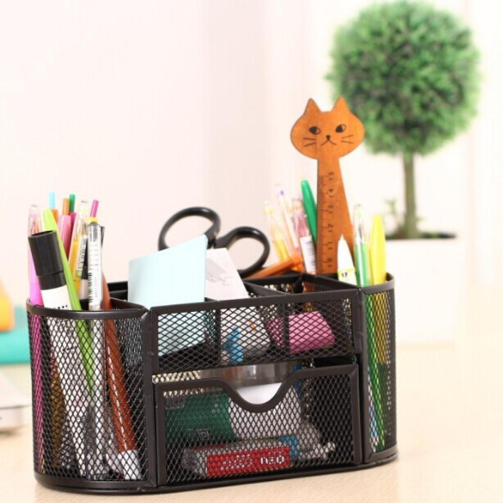 Organizador de escritorio, cajón de oficina con soporte para bolígrafo, colección de malla ovalada, color negro