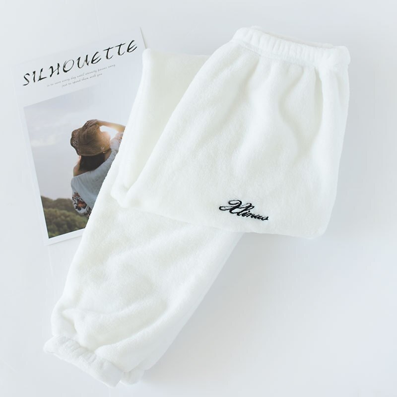 Sömnbyxor dam flanell vinter mjuk varm bekväm pyjamasbyxa dam fritid sömnbyxor par koreansk stil trendig: Vit / M