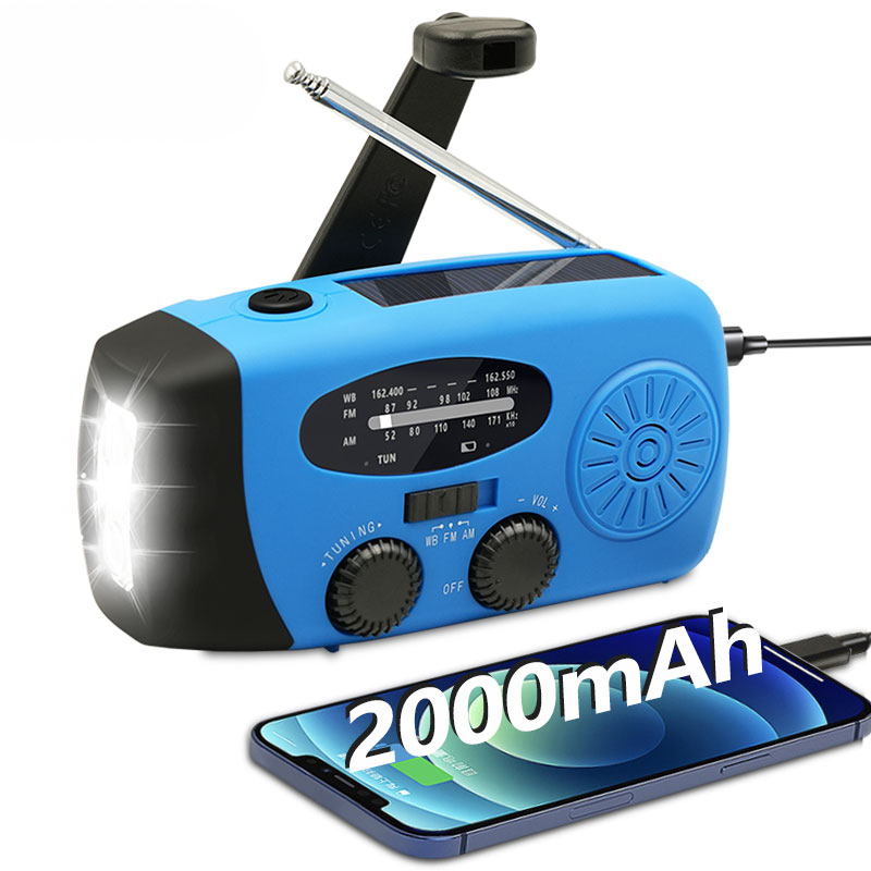 Radio portátil de emergencia, manivela Solar de 2000mAh, cargador de teléfono móvil, Radio AM/FM, linterna LED, luz nocturna para interiores y exteriores: Azul