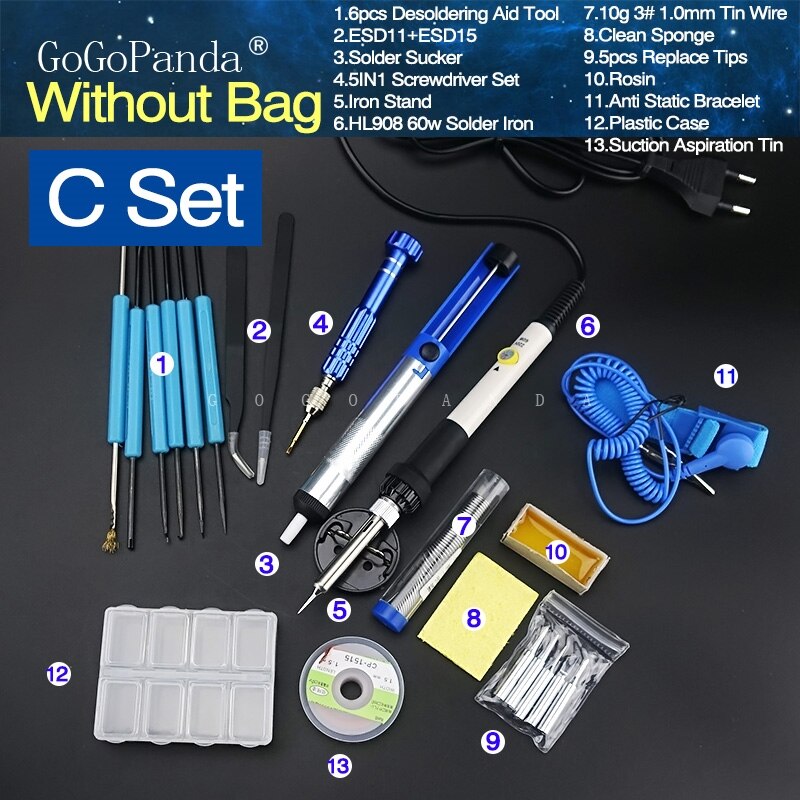 18 In 1 Electrical Solder Iron Set Temperature Adjustable with Replacement Tips Desoldering Aid Tool Solder Sucker: HL908-C Set