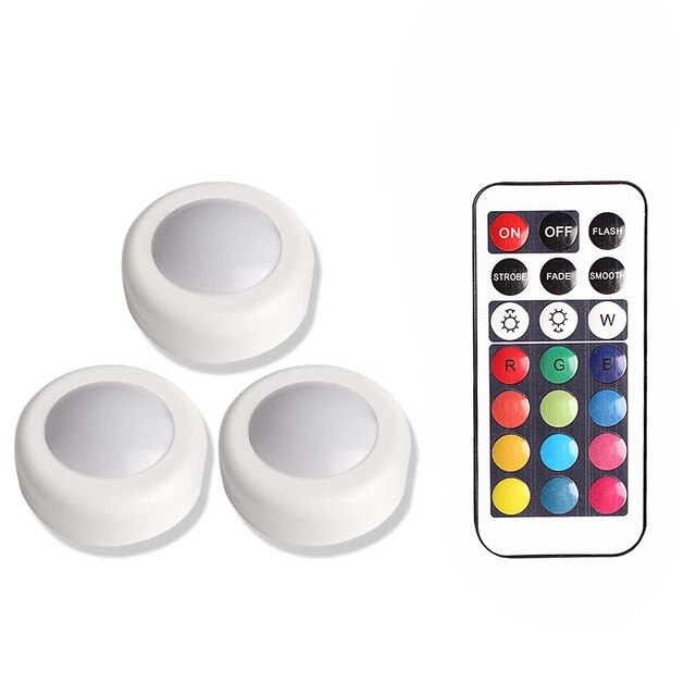 Dimmable RGB LED Lights Kitchen Lamp Touch Sensor Wardrobe/Closet/Cabinet Night Light Puck Light with Remote Controller 12 Color: 3 Lamp 1 Controller