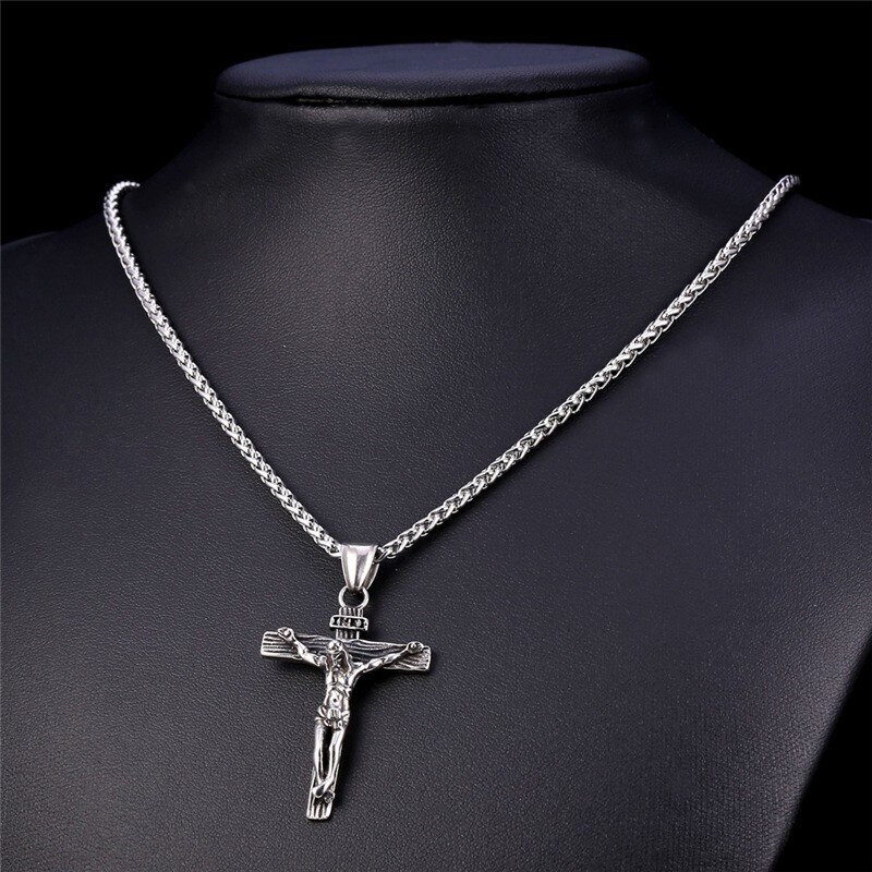Religious Jesus Cross Necklace For Men Gold Color Cross Pendent With Chain Necklace Jewelry For Men: Silver Plated