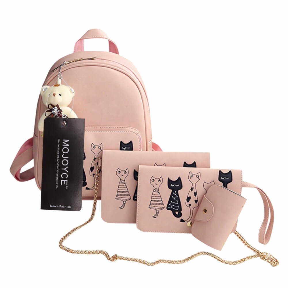 4Pcs/Set Small Backpacks female School Bags For Teenage Girls Black Pink PU Leather Women Backpack Shoulder Bag Purse Mochila