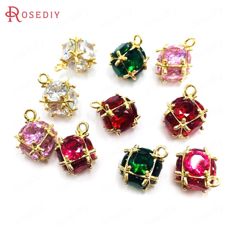 (38109)6PCS Zircon 4MM or 6MM 24K Champagne Gold Color Brass and Zircon Cube Charms Pendants Jewelry Making Supplies Accessories