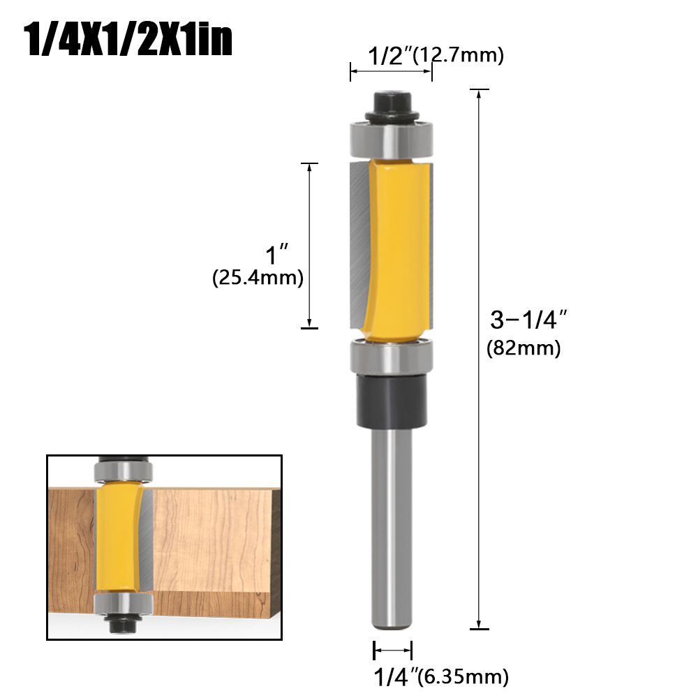Modelo de haste de 6 mm e 1/4", broca de roteador de acabamento, com cortadores de roteamento de 2" de comprimento. Características: rolamentos de esferas superiores e inferiores Ferramenta para trabalhar madeira: 29mm
