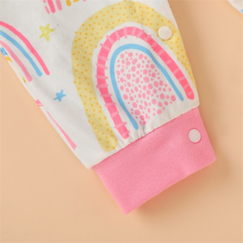 0-12M jesień niemowlęta dziewczynki chłopcy pajacyki nadruk tęcza wzburzyć długie rękawy O-szyja bawełniane kombinezony jednoczęściowe