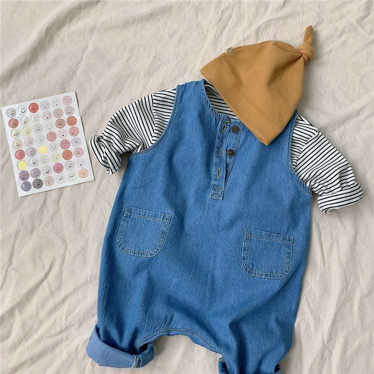 Ins Baby Lente En De Herfst Kinderkleding Jongens En Meisjes Baby Suits Denim Bretels Jumpsuits Katoen Gestreept T-shirt