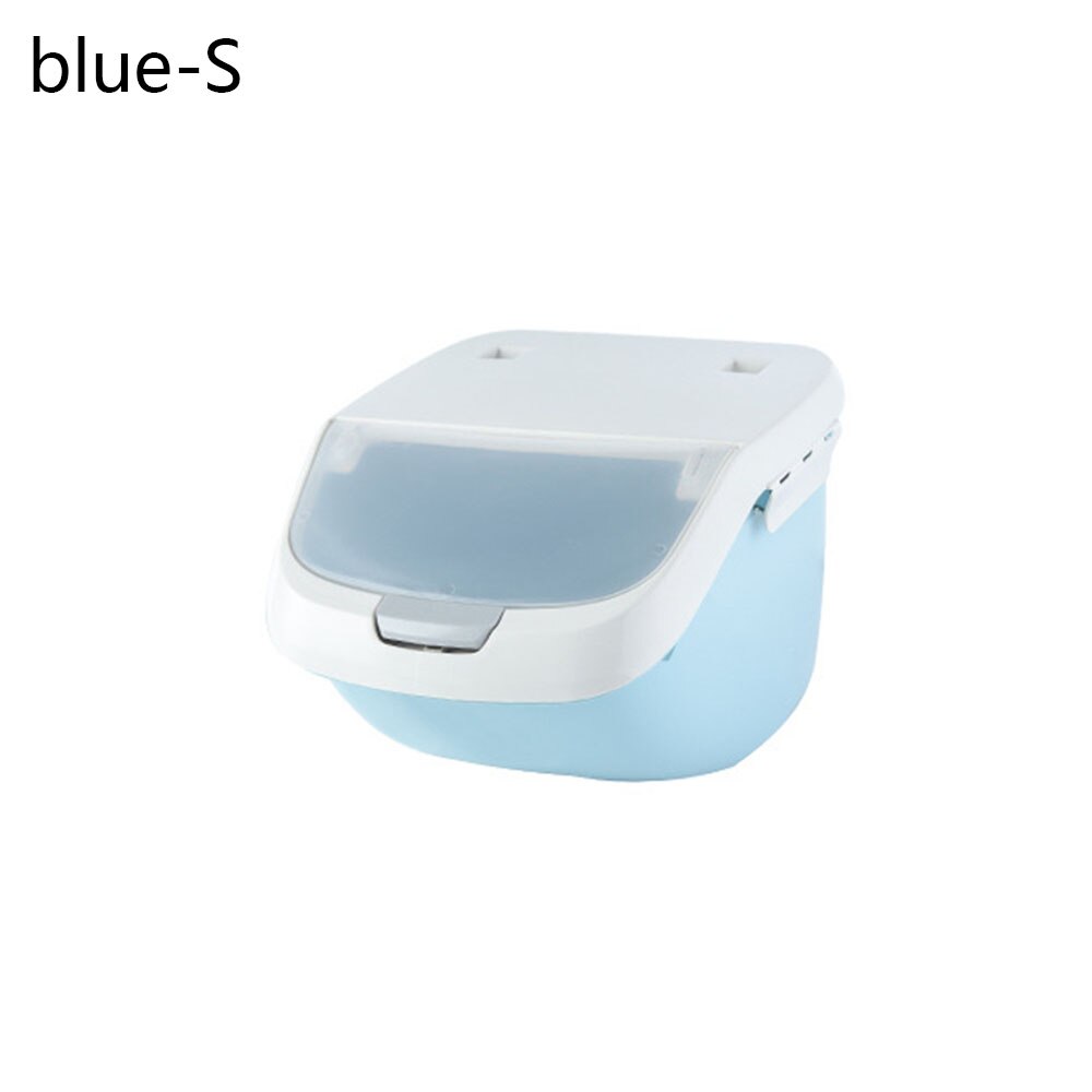 Cubo alimentador de plástico para perros y gatos, contenedor de comida fresca de gran capacidad, almacenamiento en seco antioxidante, barril y taza medidora: blue S