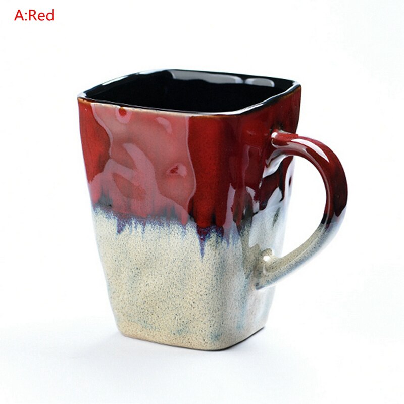 Retro Personality Square Cup Ceramic Cup Large Capacity Mug With Spoon Coffee Cup Household Couple Cup Cups And Mugs: A Red