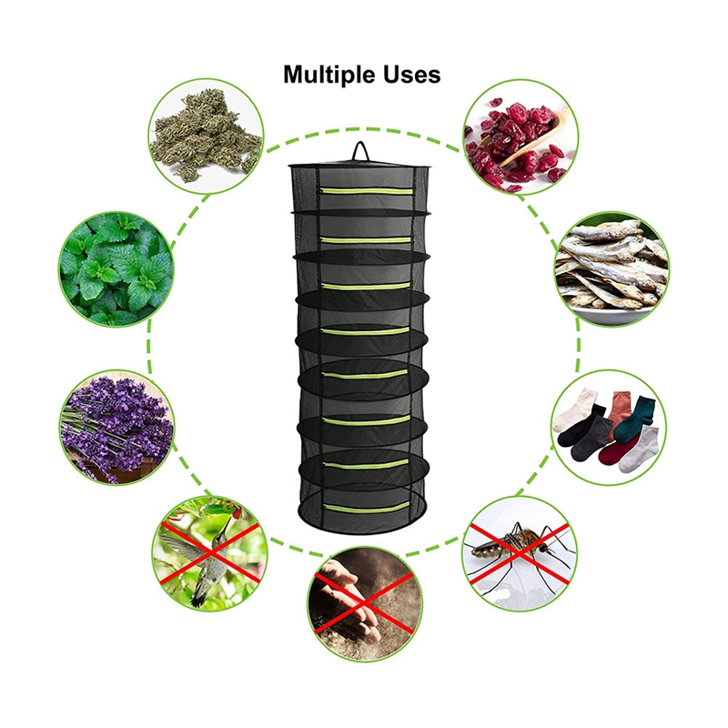 Vanilla Drying Rack Hanging Dryer Mesh Drying Rack With Green Zipper 8-Layer Plant Drying Rack