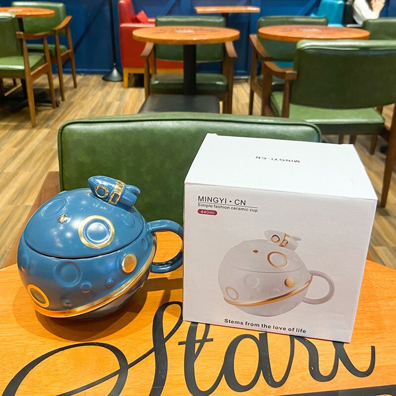 440ML Planet Cup Ceramic Mug with Lid Drinking Cup Spoon Home Coffee Cups Cute Coffee Mugs and Cups