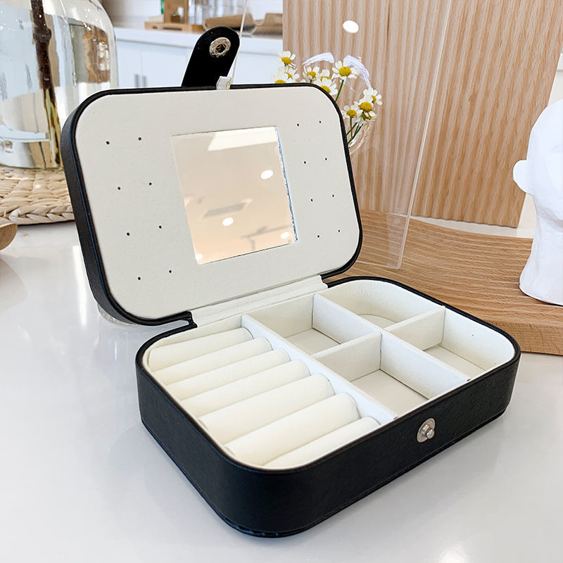 2022 Leather Portable Jewelry Box Double Simple Earrings Ring Jewelry Casket Can Hold 68 Earrings: black with mirror