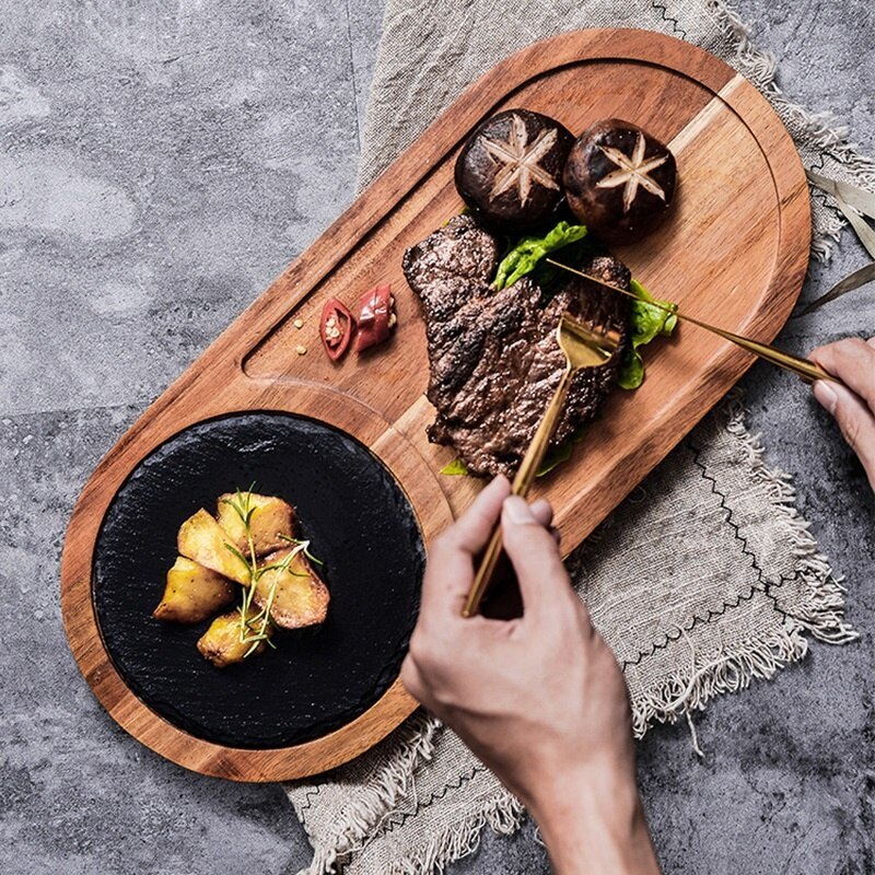 Natuurlijke Hout Steak Borden Met Leisteen Charcuterie Board Sushi Dessertbord Bbq Grill Vlees Vis Voedsel Dienblad
