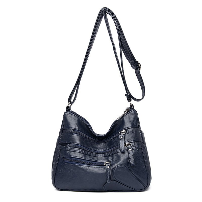 cuir souple sac à main double fermeture éclair sac à bandoulière simple sac de messager tendance multi-poche sac femmes sac marron: blue