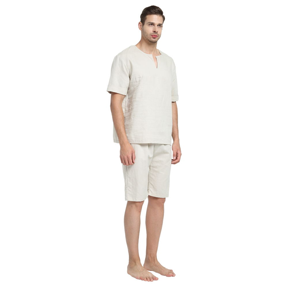 Mænd og tøj unisex ramie og bomuld sumer og forår kort top nattøj hjemmetøj loungewear pyjamas sæt med lange bukser: Beige / Xl