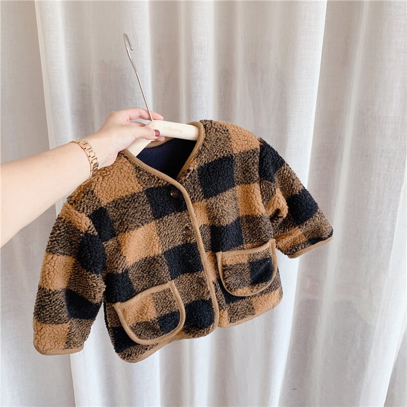 5550 wollen winterjassen voor kinderen, geruite katoenen kleding, babyjongens- en meisjesjassen, warme kleding, 1-7t peuteroutfits: Bruin / 90cm